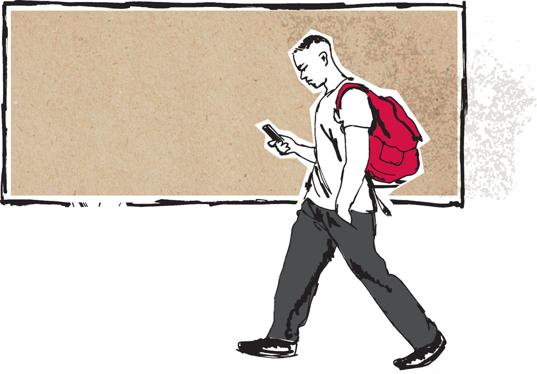 Hand illustration of a guy walking on phone. He's passing a billboard.